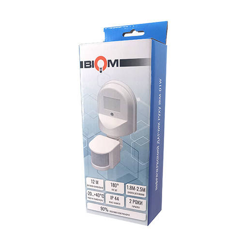 

Инфракрасный датчик движения BIOM IRM-01W max 1200Вт 180°, настенный, белый
