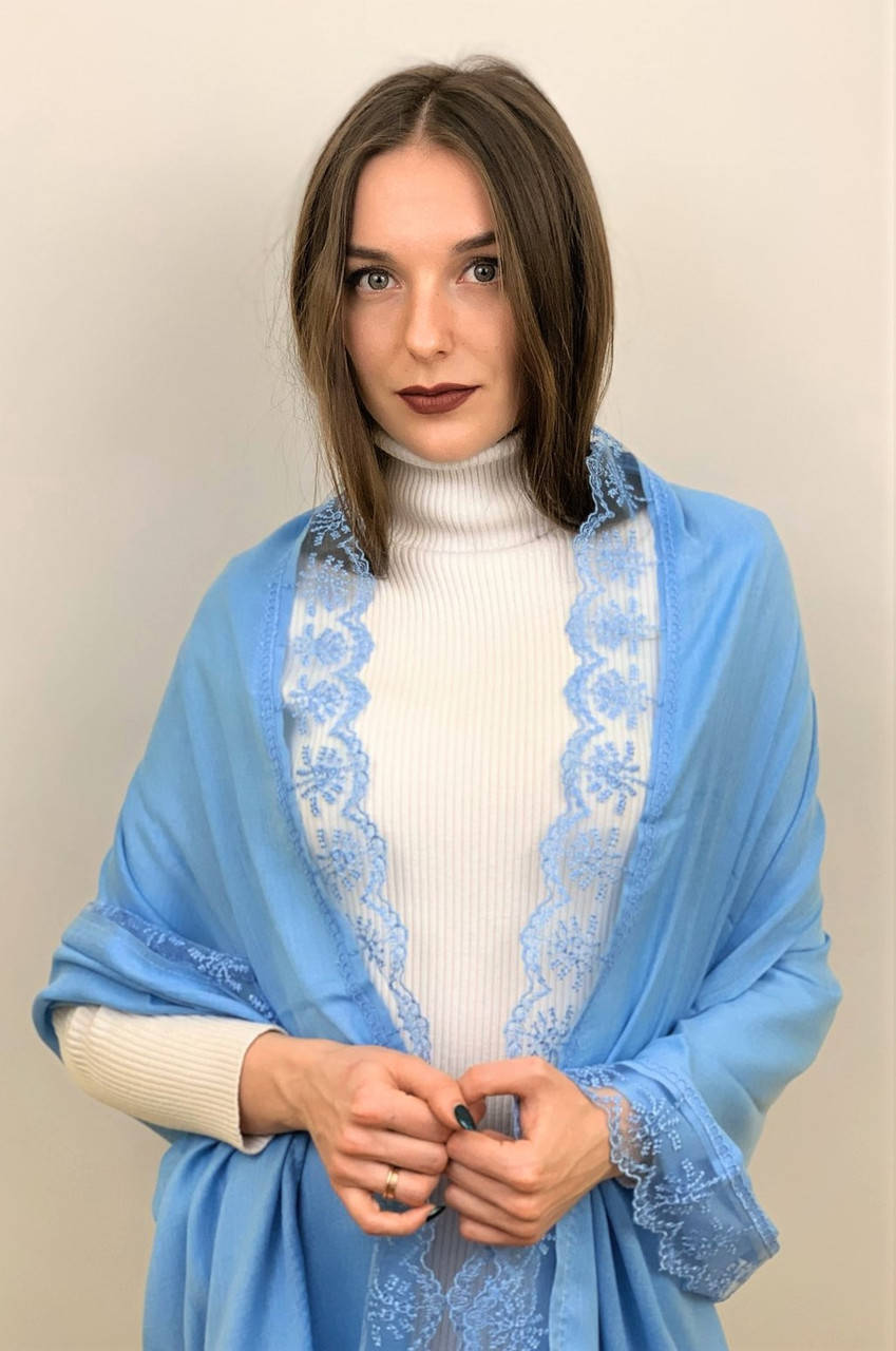 

Шарф жіночий демісезонний з мереживом "Ніжність", хлопок, в 11 кольорах, 180*70 см., Enba, Туреччина Блакитний