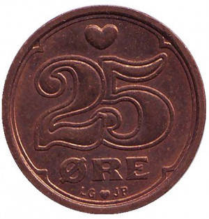 

Монета 25 эре. 1989-2020 год, Дания. (В)
