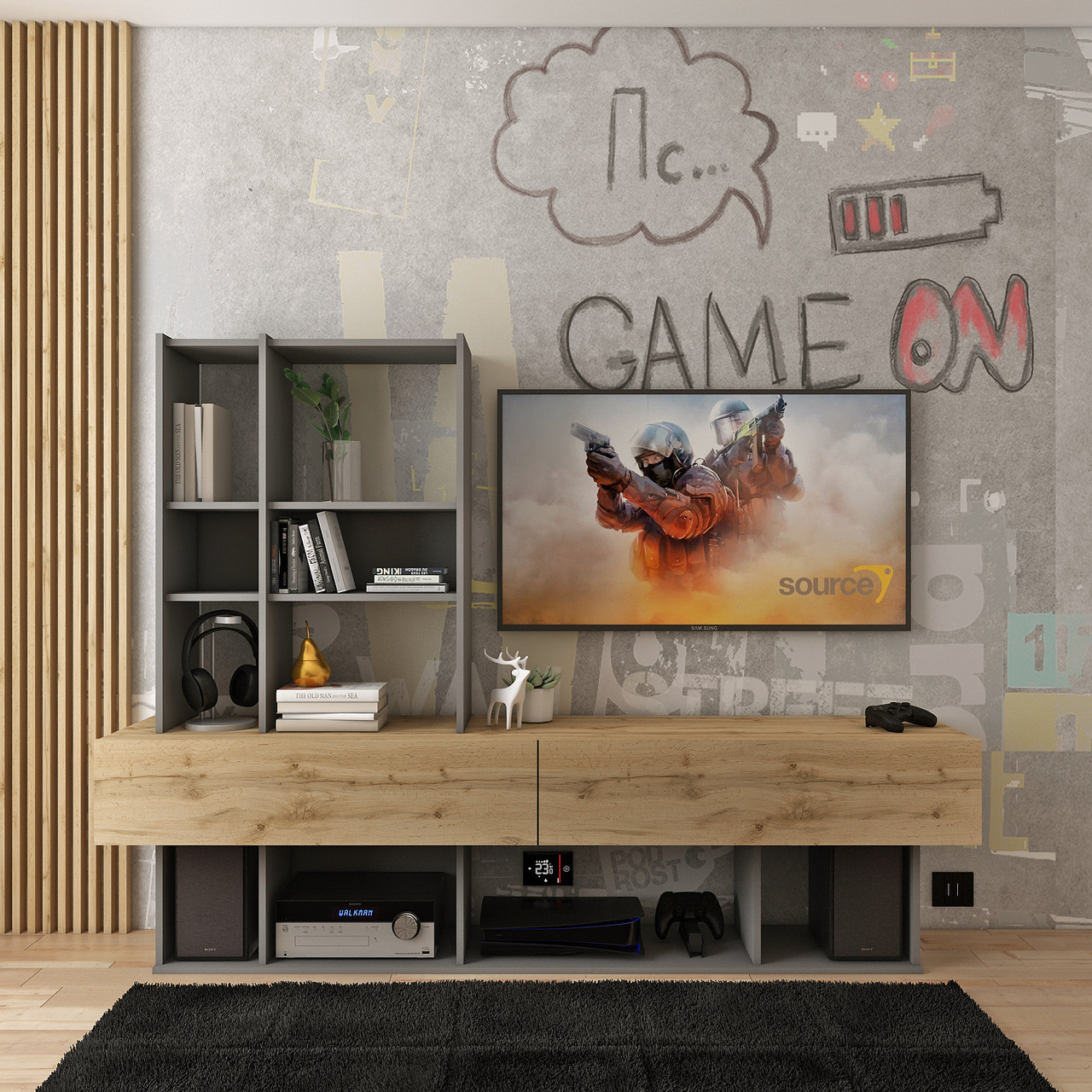 Стінка у вітальню Doros Нота Графіт/Дуб Евок 195х42х147 (44900207) 4