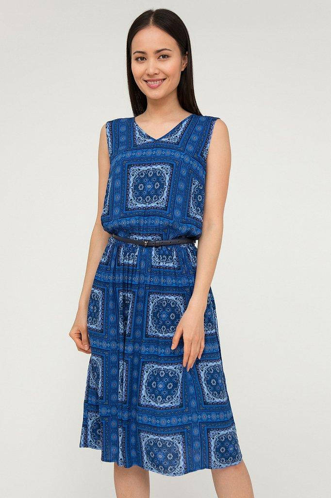 

Летнее платье миди с поясом и абстрактным принтом Finn Flare S20-12007-101 темно-синее