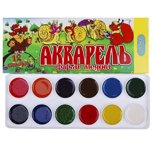 

Акварельні фарби медові "ЛЮКС КОЛОР" картон. кор., 12 кольор., 02002