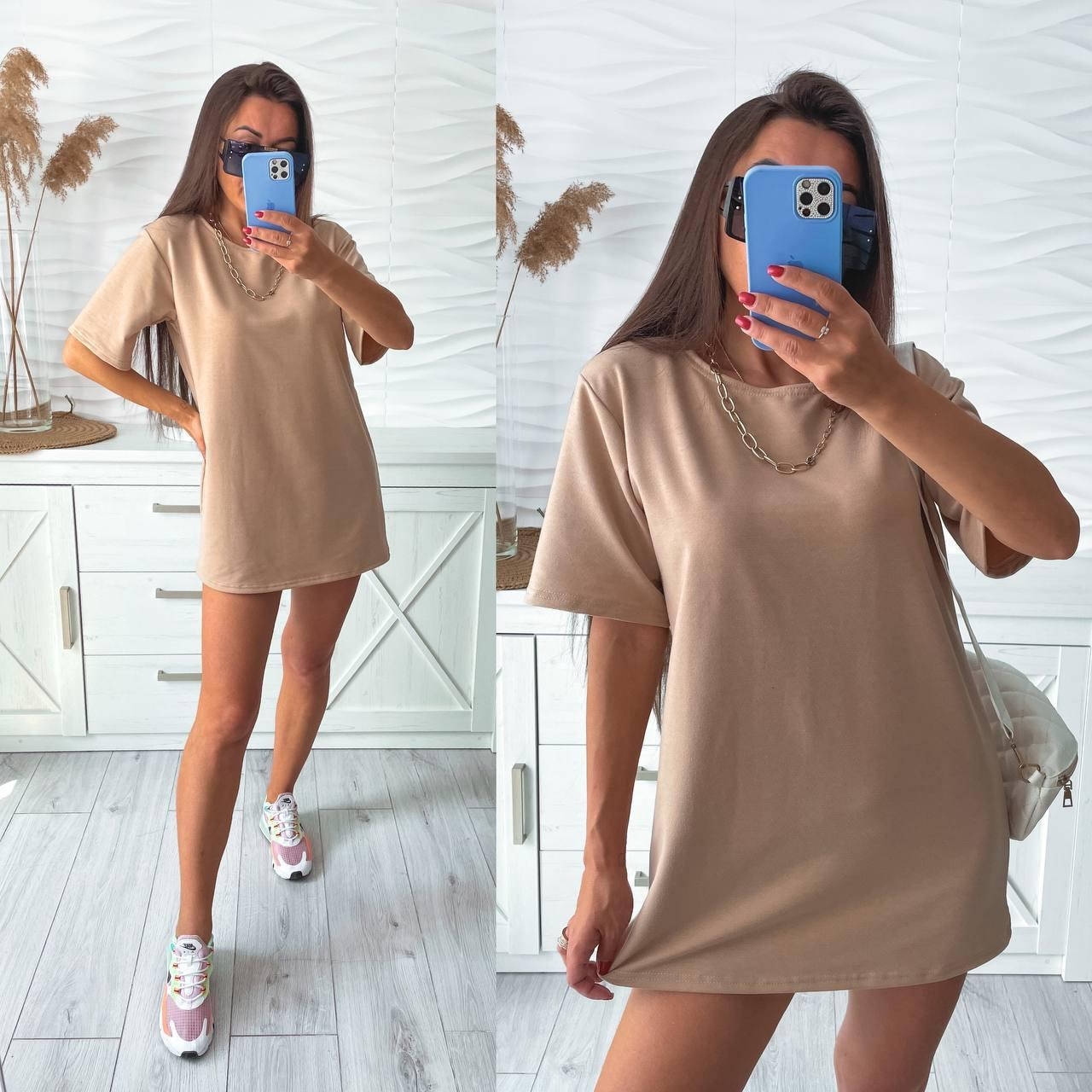 

Женская модная стильная футболка-платье Бежевый, 48-50