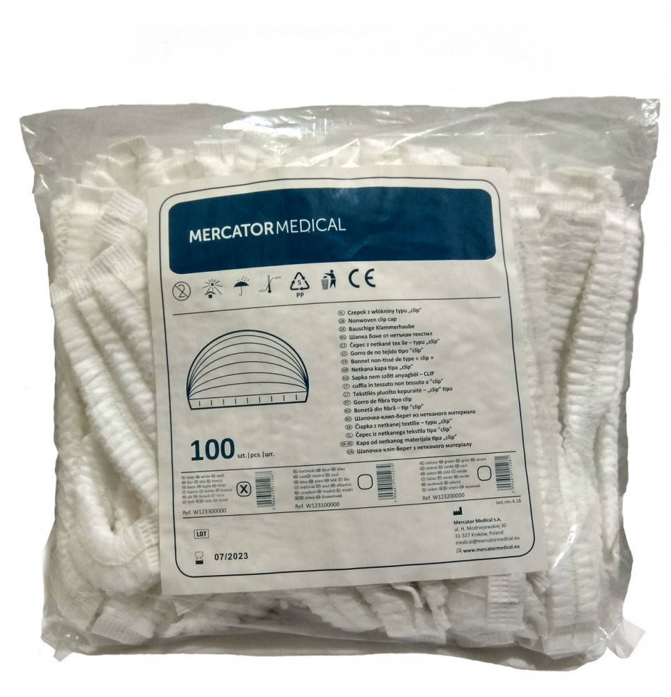 

Одноразовые шапочки, Mercator Medical, белые, на двойной резинке, 100 шт, Белый