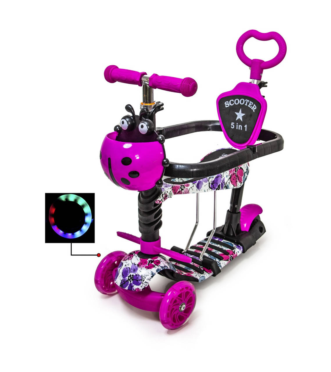 

Самокат Scooter 5 в 1 с рисунком "Маки" с защитными бортиками, Розовый