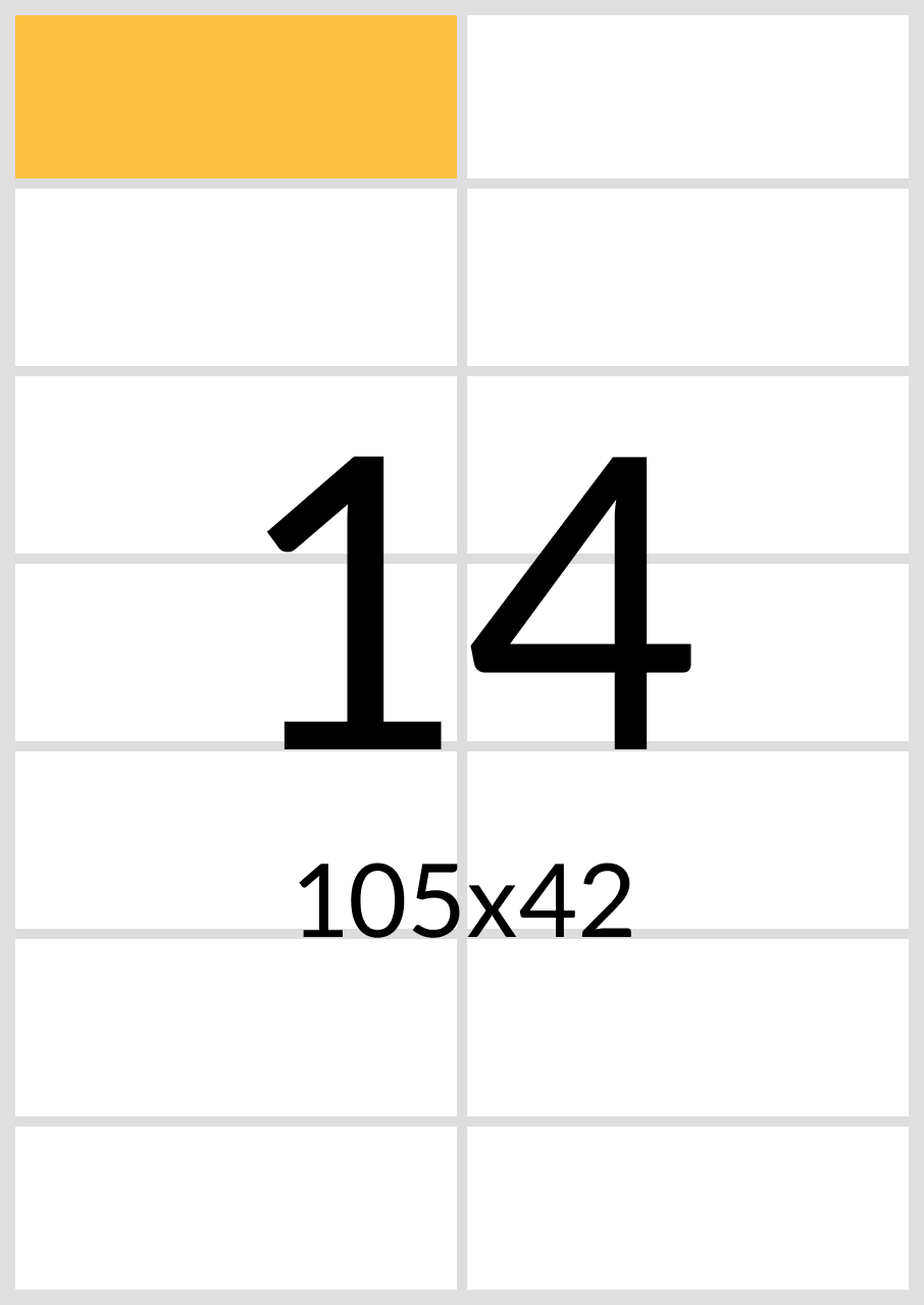 

Самоклеящаяся бумага А4 (матовая) - 14 этикеток на листе. Размер: 105х42 мм., Белый