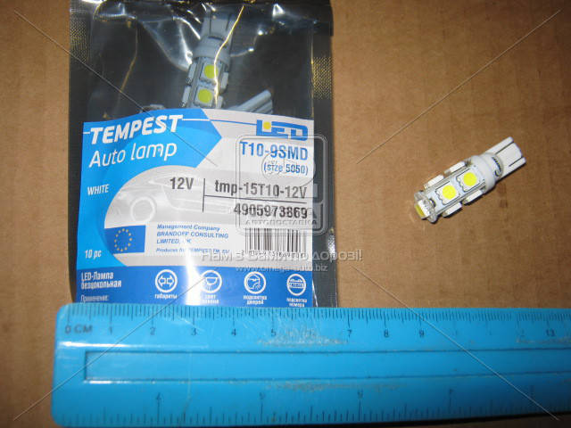 

Лампа LED б/ц габарит и панель приборов T10 9SMD W5W 12V WHITE TEMPEST 4905973869