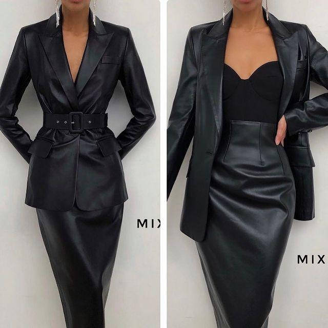 

Женский деловой костюм из эко кожи Удлиненный пиджак и юбка ниже колен, черный 44