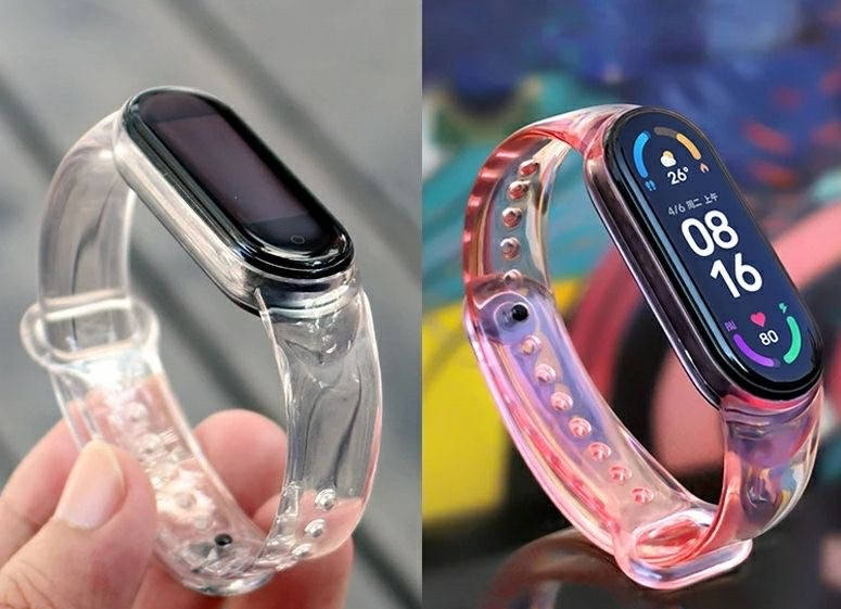 

Ремешок mi band 5 mi band 6 меняющий цвет прозрачный/розовый