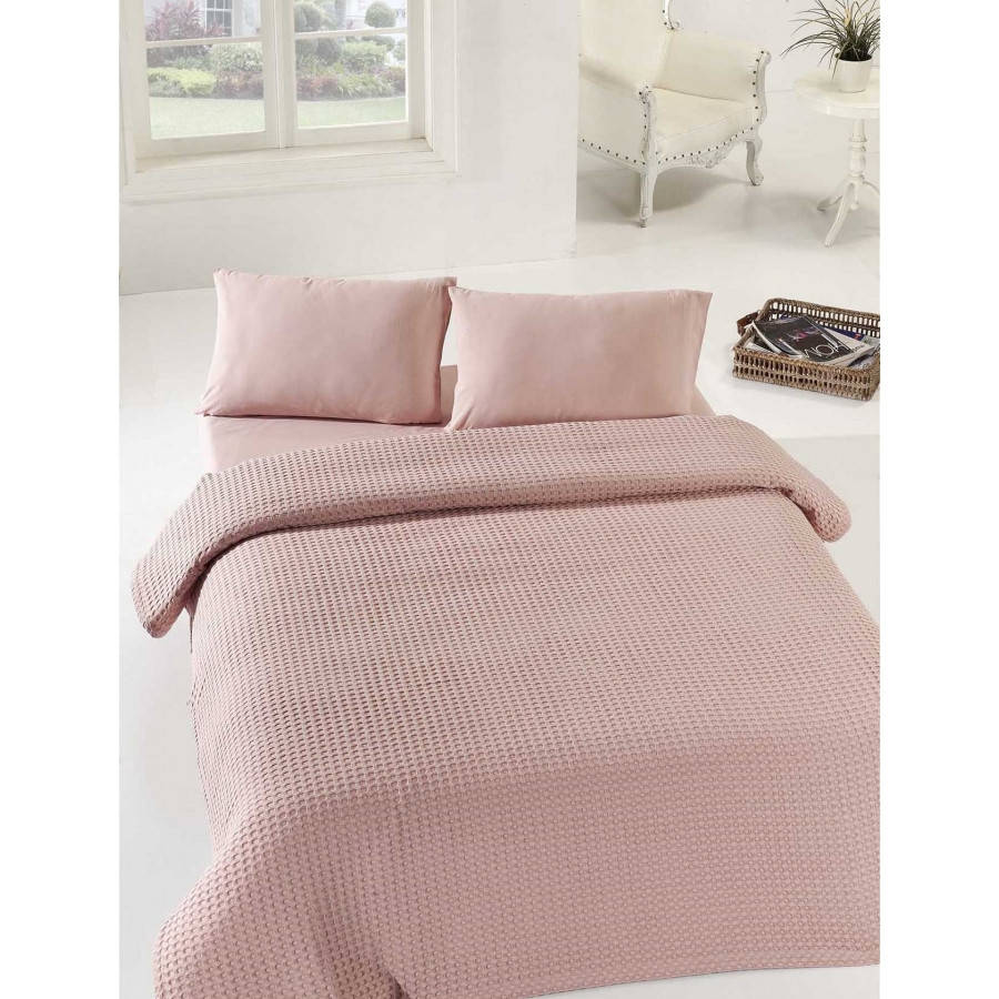 

Покрывало вафельное хлопковое красивое на кровать однотонное Eponj Home - Burumcuk gul kurusu 200*235 см, Розовый