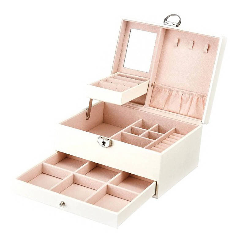 

Шкатулка для украшений с выдвижным ящичком/зеркалом/перегородками на замке Jewelry BOX белая (JO-28949), Белый