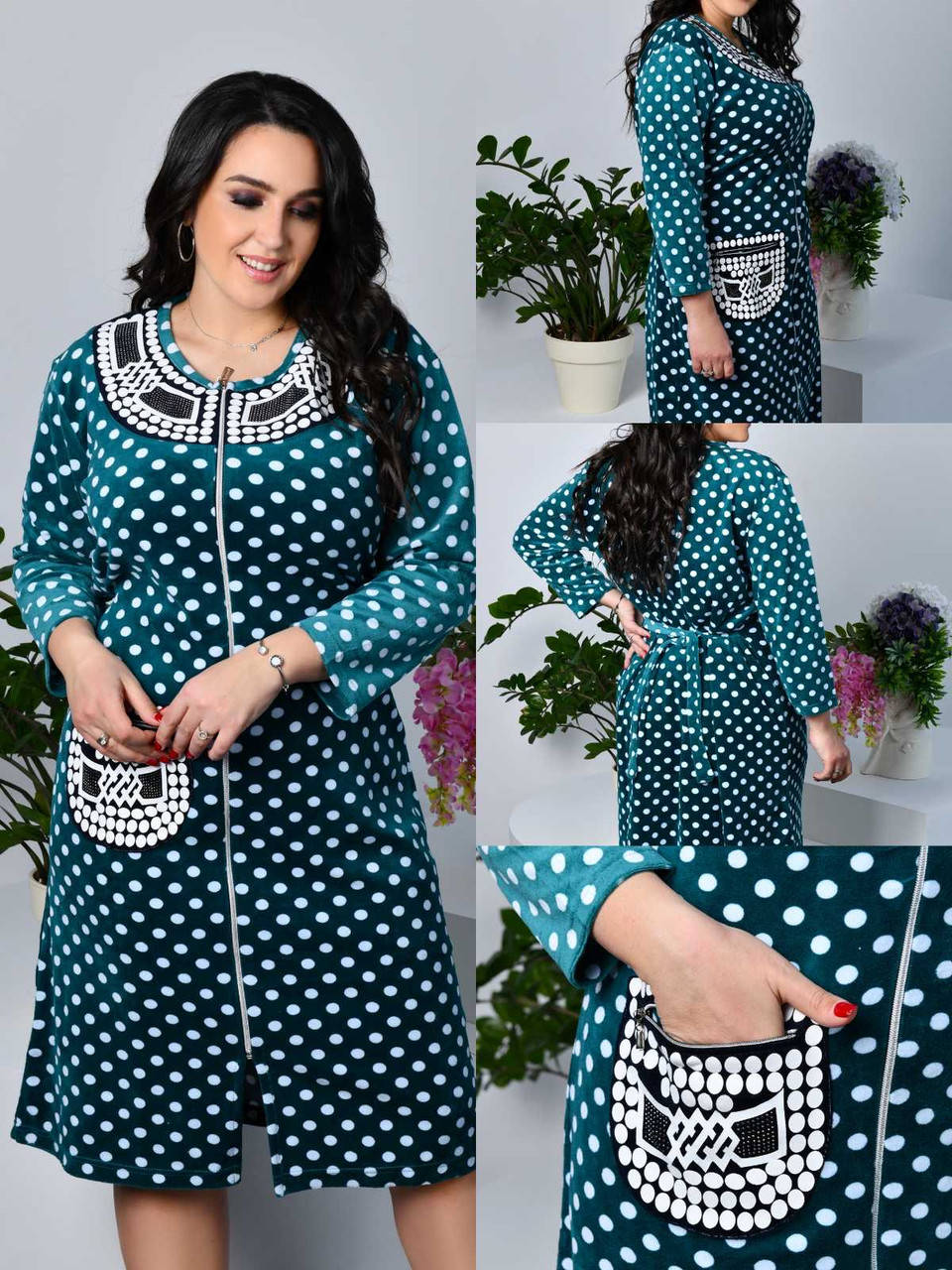 

Халат женский велюровый на змейке , с карманами, Разные цвета