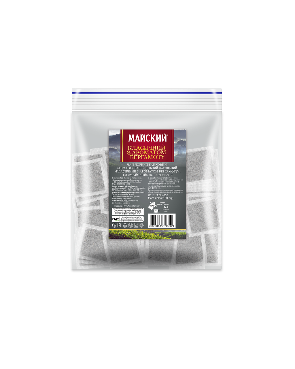 

Чай черный классичесйкий пакетированный Майский с ароматом бергамота 100 пакетиков без ярлыка