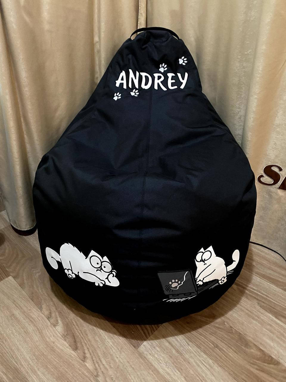 

Кресло мешок груша sportkreslo Кот Саймона с именем Andrey 80*100см оксфорд черный