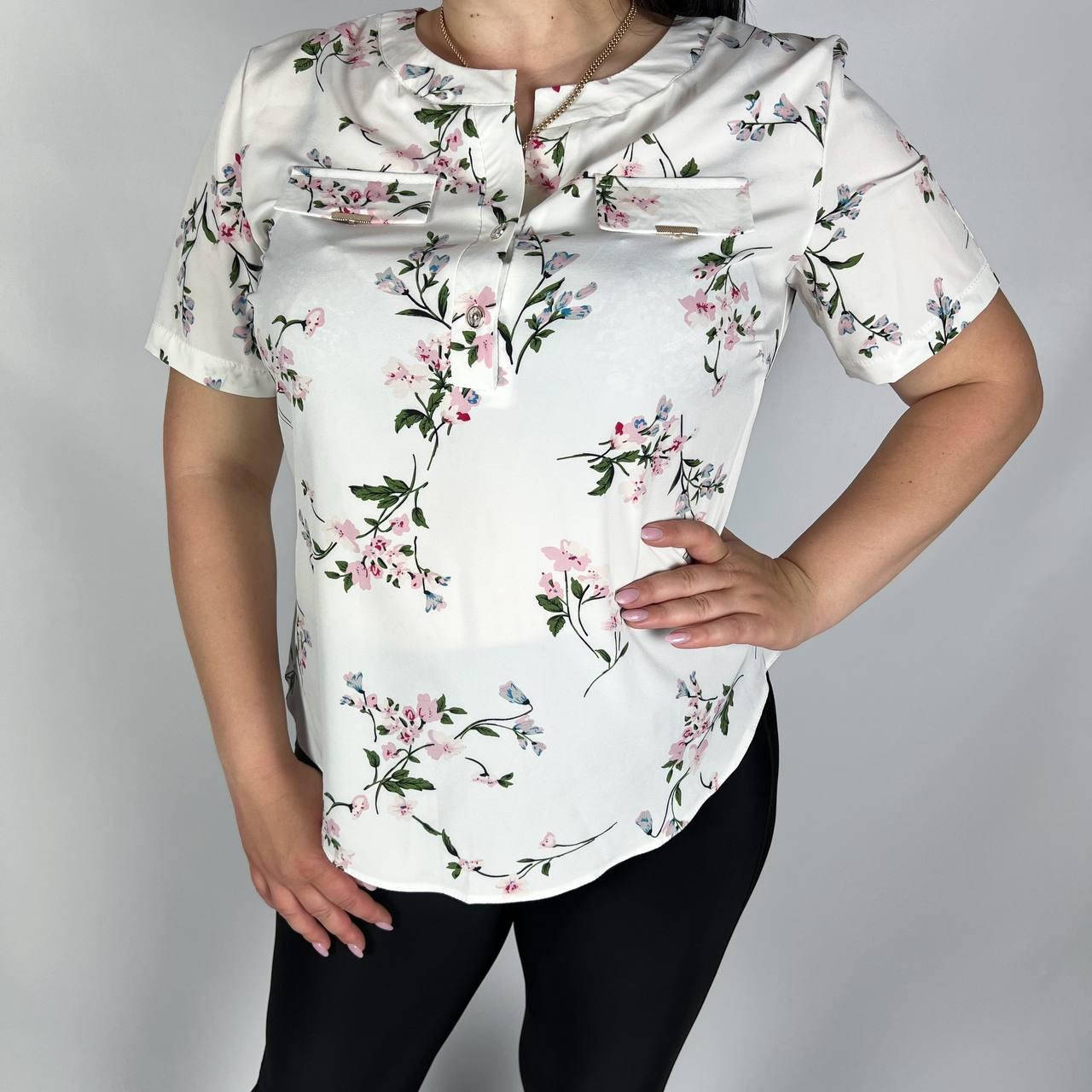 

Женская блузка с коротким рукавом софт размеры 50 52 54 56 женские блузки и туники, Молочный