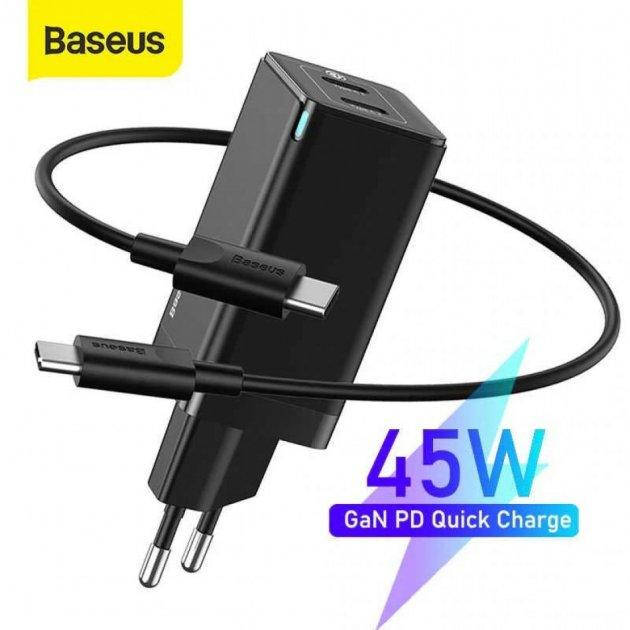 

Зарядное устройство BASEUS GaN2 Q.Charger C+C 45W + кабель USB Type-C/Type-C Black (CCGAN-M01) Гарантия !, Черный