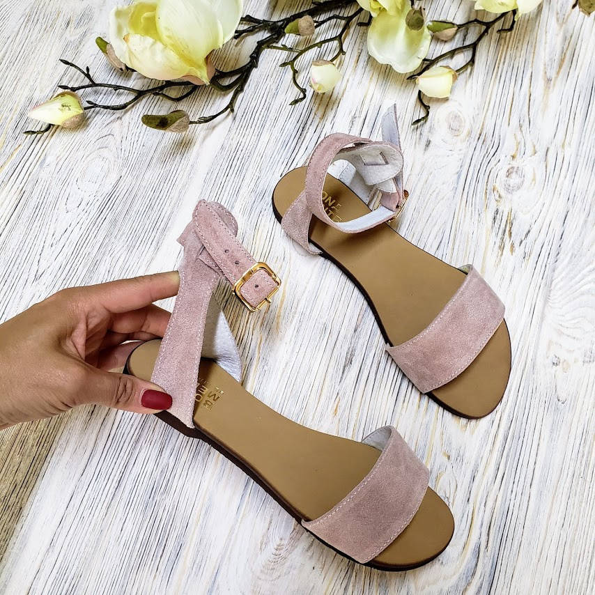 

Красивые сандалии босоножки женские замшевые на плоской подошве цвет пудра, размер 34-42