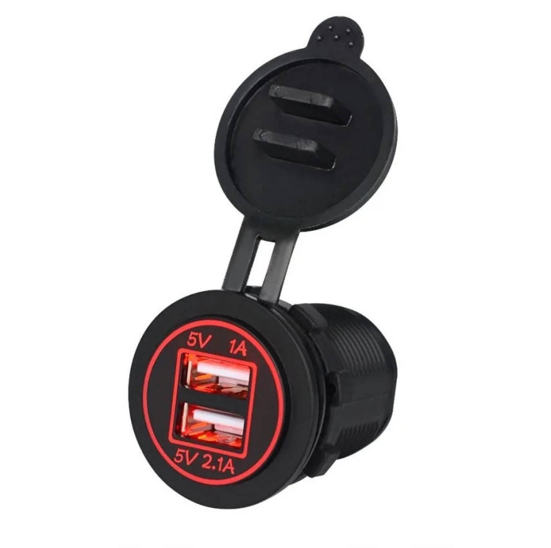 

Автомобильный врезной адаптер 12v, 24v / 2 USB / 2.1+1A (красная подсветка, с резьбой)