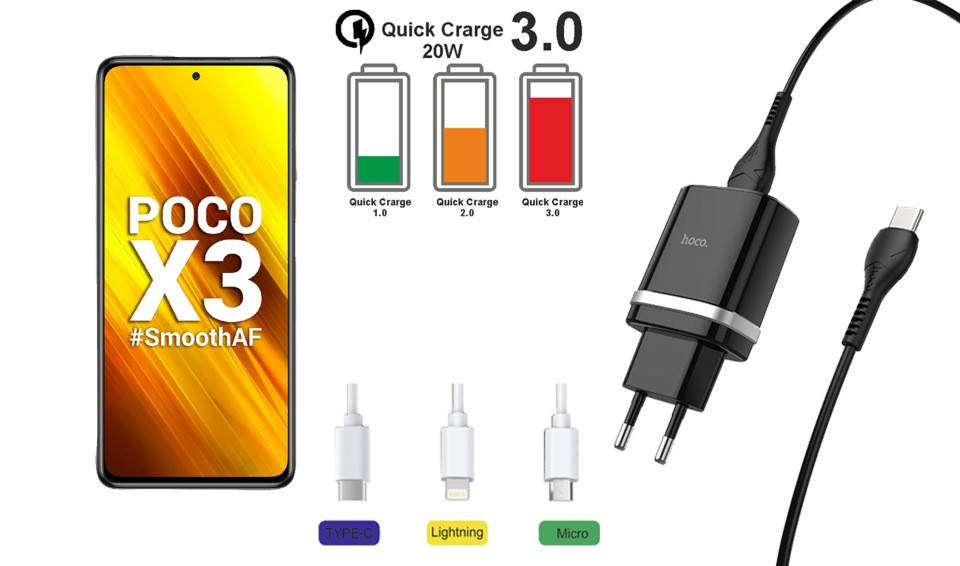 

Сетевое зарядное устройство Xiaomi Poco X3 NFC, Мощность 18W., Черный