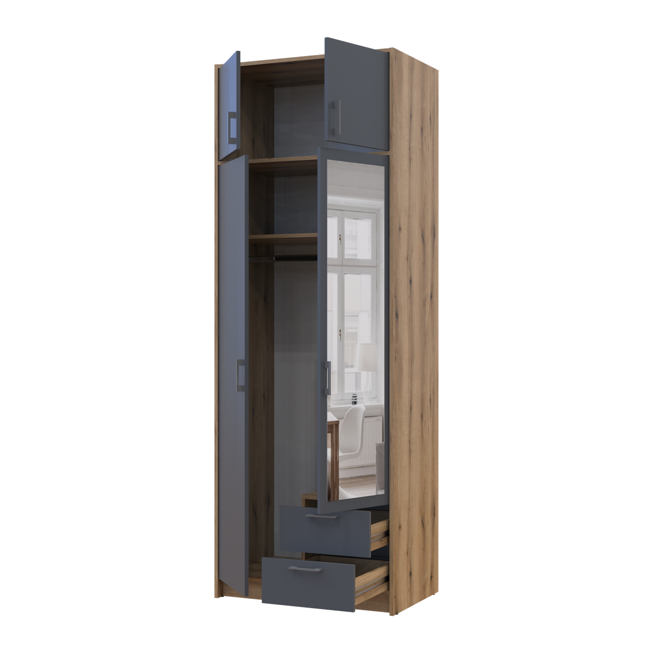 Розпашна Шафа для одягу Doros Ронді з антресолею та дзеркалом Дуб Артізан/Графіт 2ДСП 82х52х236 (80737810) 2