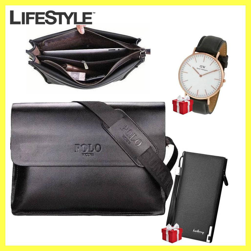 

Мужская сумка Polo Videng A4 (24х21х7 см) + Подарки Портмоне Baellerry Classiс, часы Daniel Wellington, Черный
