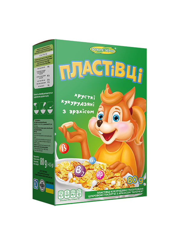 

Пластівці кукурудзяні глазуровані цукровою глазур’ю з арахісом «Білочка» 80 г