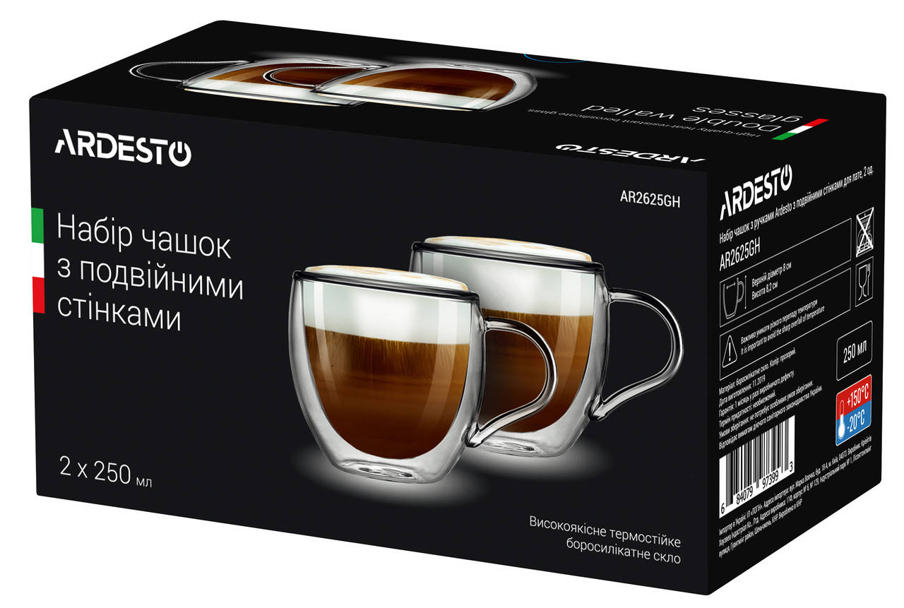 

Набор чашек Ardesto 250 мл 2 шт. С двойными стенками для латте Стекло (AR2625GH)