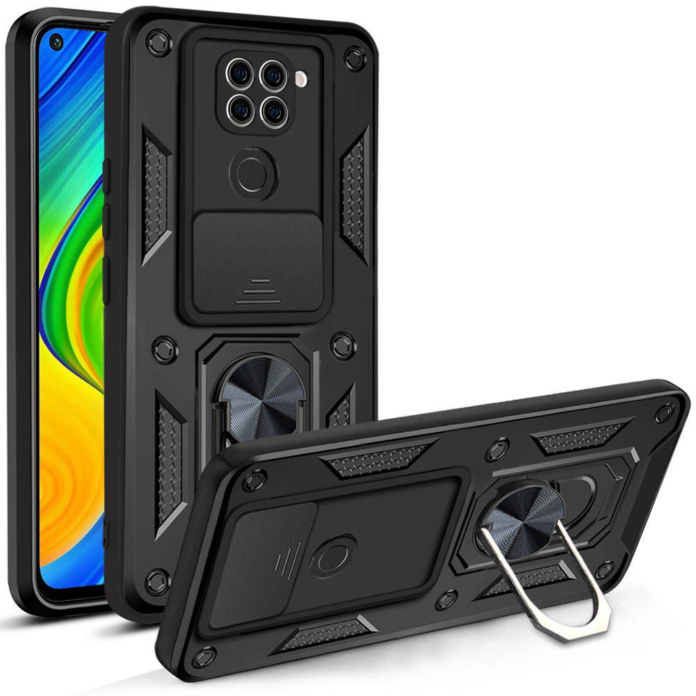 

Ударопрочный чехол с защитой камеры для Xiaomi Redmi Note 9 с кольцом Черный