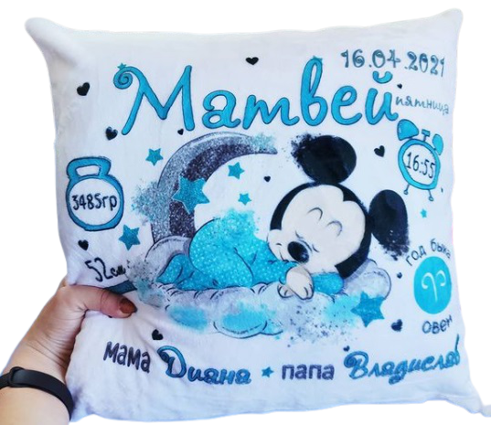 

Подушка декоративная детская с метрикой 35х35см., Белый
