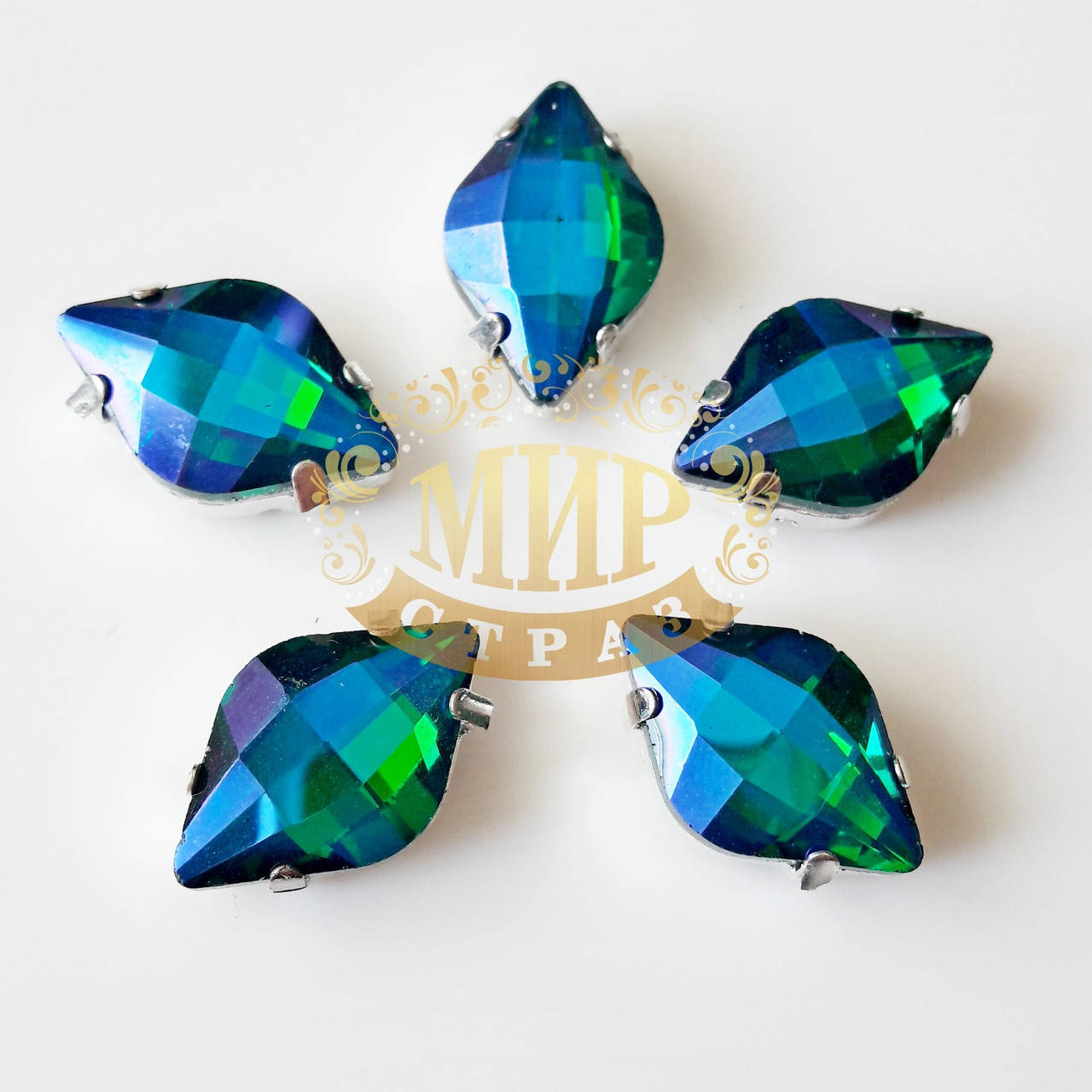 

Cтразы в серебряных цапах Лимонки, 12х19мм, цвет Green Zircon AB, 1шт