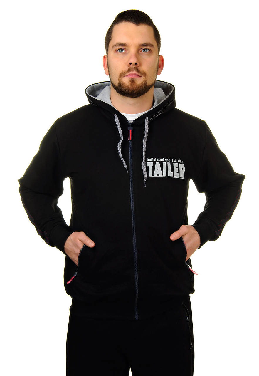

Черный спортивный костюм мужской трикотажный с капюшоном брюки прямые 54