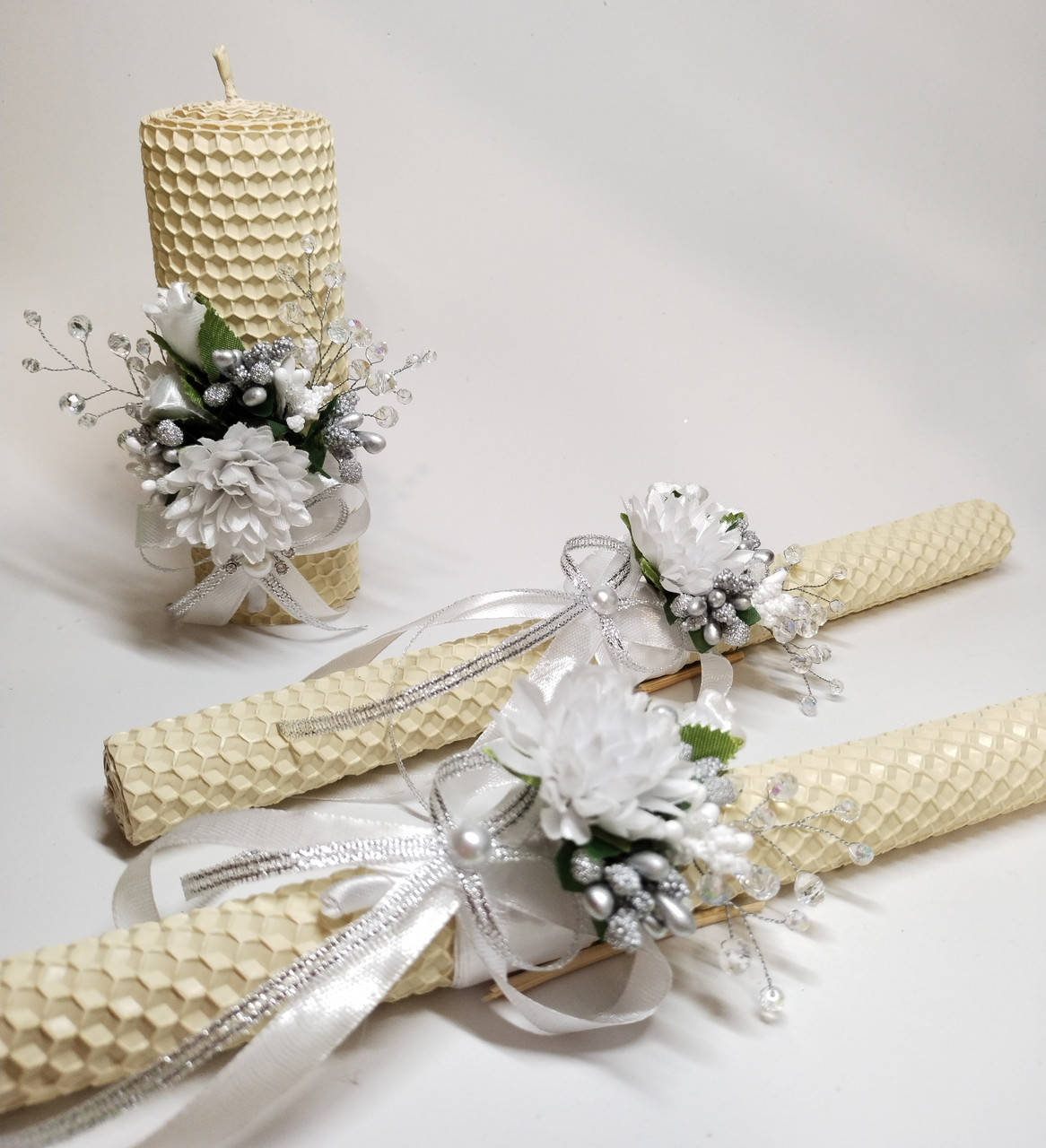 

Свадебные свечи Набір свічок ручної роботи "Сімейне вогнище", 3 шт, Кремовий+білий+срібло