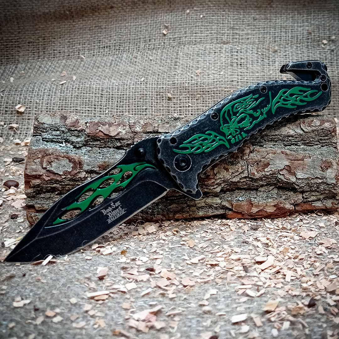 

Туристический карманный нож флиппер Dark Side green-scull охотничий нож походный нож EDC с клипсой стеклобоем, Зелёный
