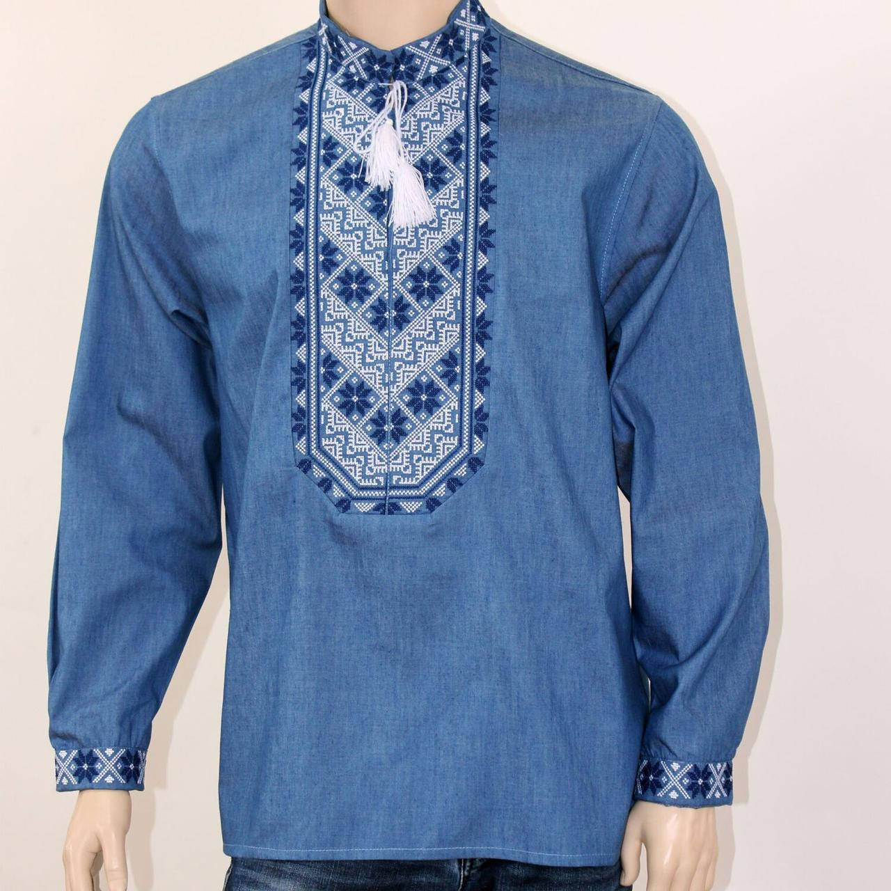 

Мужская вышиванка "Николай" джинс с бело-синей вышивкой 58