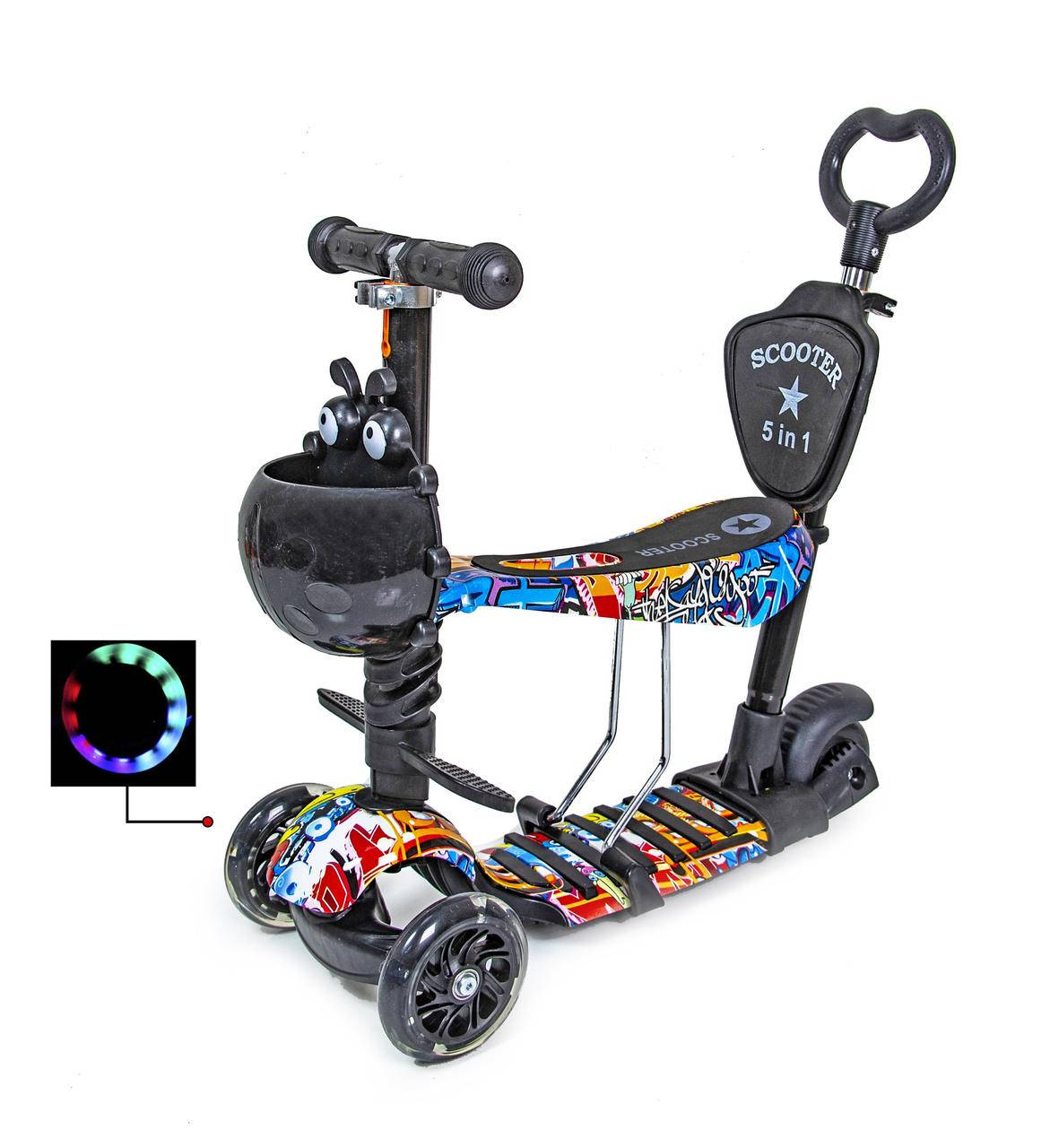

Детский самокат Scale Sports 5 в 1 Джокер чёрный Светящиеся колеса