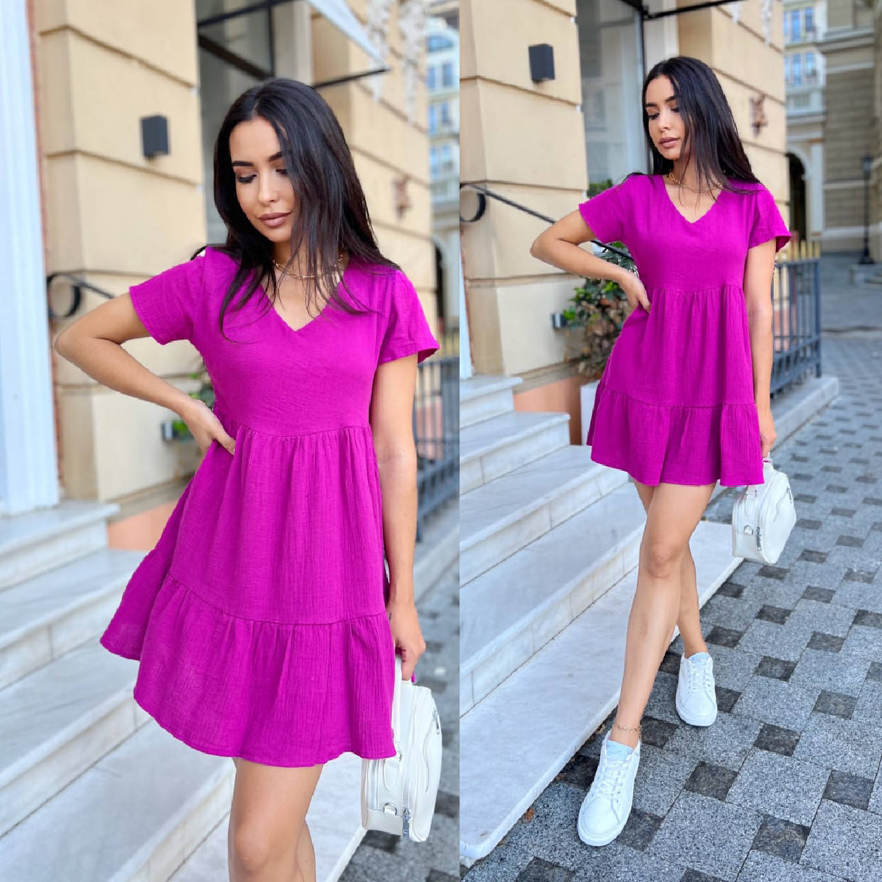 

Короткое летнее платье свободного кроя из муслина