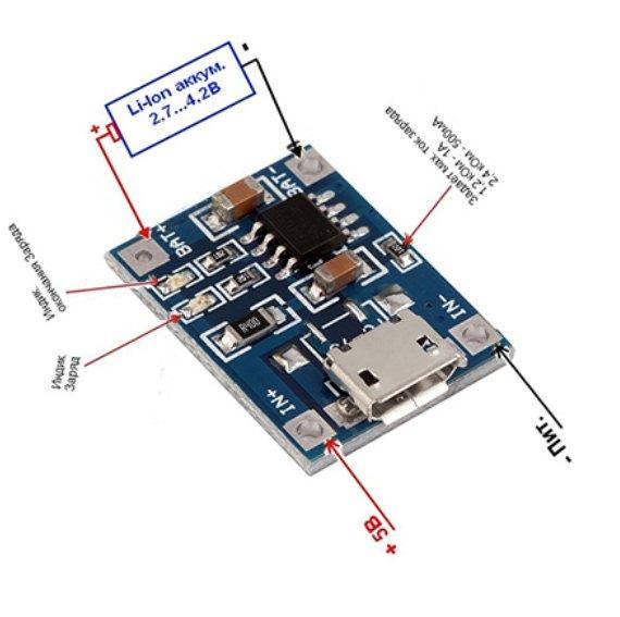 

Модуль плата заряда Li-ion аккумулятора 3,7В TP4056 microUSB 5В --> 3,7В 1А