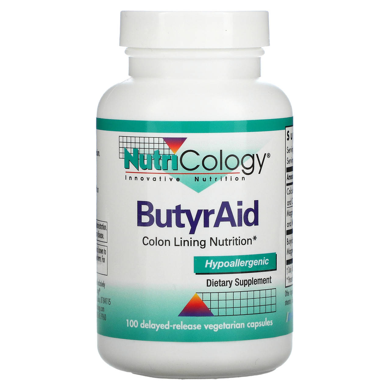 

Nutricology, ButyrAid, 100 вегетарианских капсул с отсроченным высвобождением