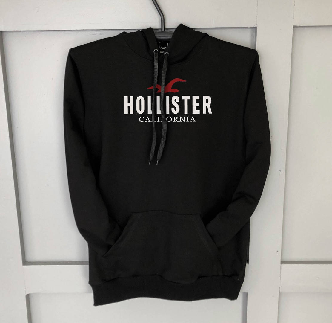 

Мужское худи черное с принтом Hollister из качественного трикотажа с карманами, черного цвета, Черный