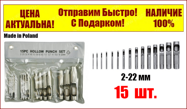 

Набор пробойников просечки для кожи 2-22 мм 15шт Vorel 76700