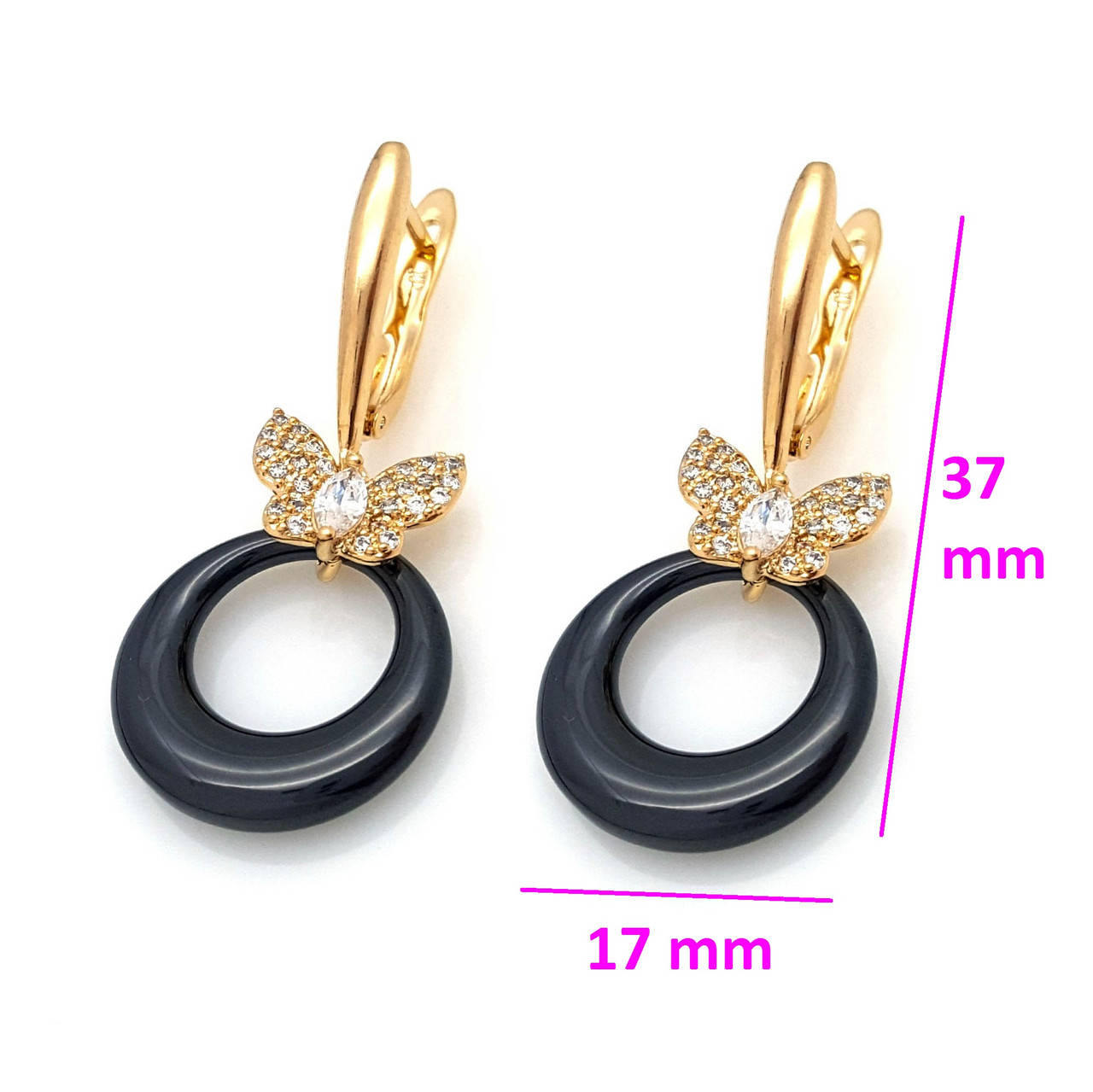 

Серьги Керамический Круг и Бабочка, с россыпью камней, англ.замок, позолота Xuping, 18К