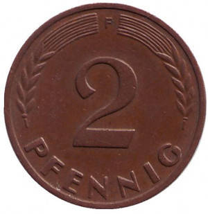 

Дубовые листья. Монета 2 пфеннига. 1948-89 год (F), ФРГ..(Г)