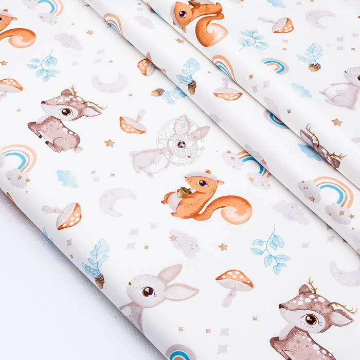 

Ткань сатин "Зайчики и белочки с радугами" на белом фоне, №3937с, Разные цвета