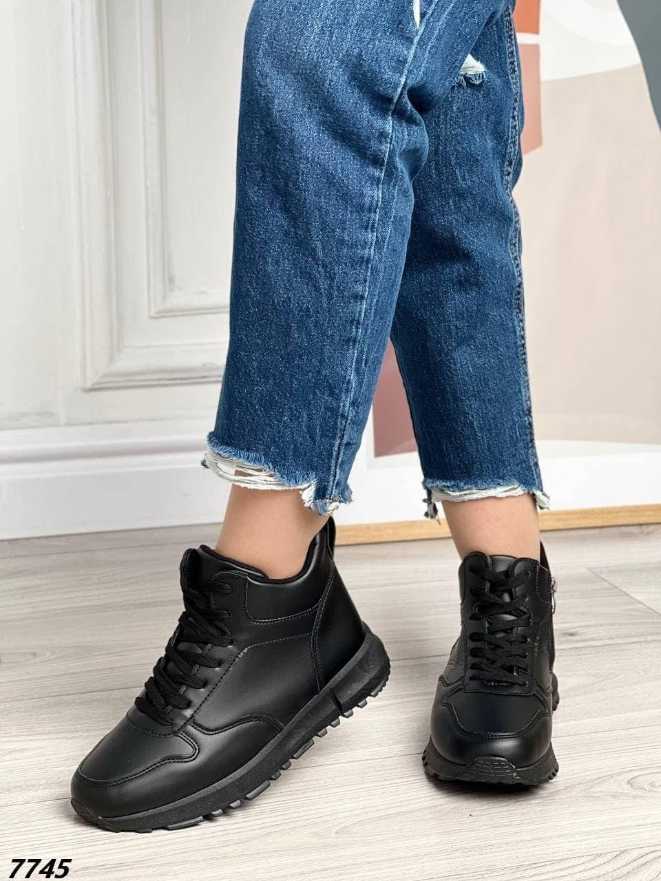 

Черные весенние высокие кроссовки эко кожа, Черный