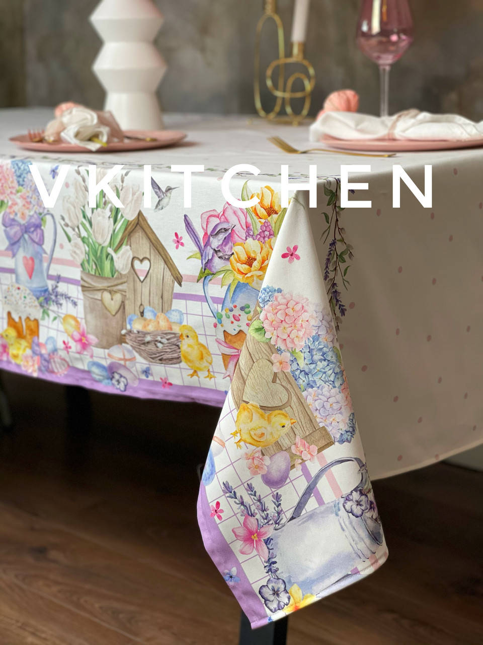 

Пасхальная скатерть WSI Лавандовая пасха 150см*240см с защитным покрытием 100% хлопок, Разные цвета