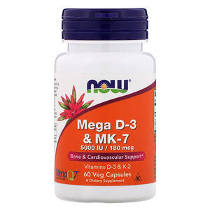 

Now Foods, Mega D3 & MK-7 (60 капс.), Д3 K2, D3+K2, витамин D3 MK-7