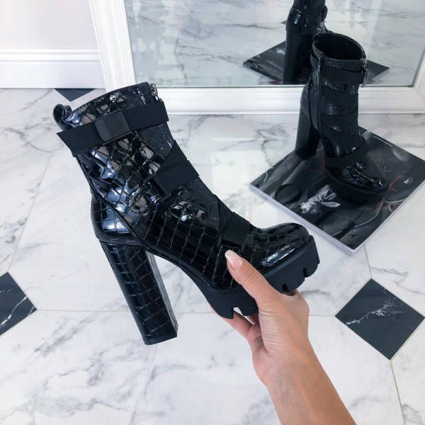 

Эксклюзивные Ботильоны на устойчивом каблуке с тиснением под рептилию, Черный