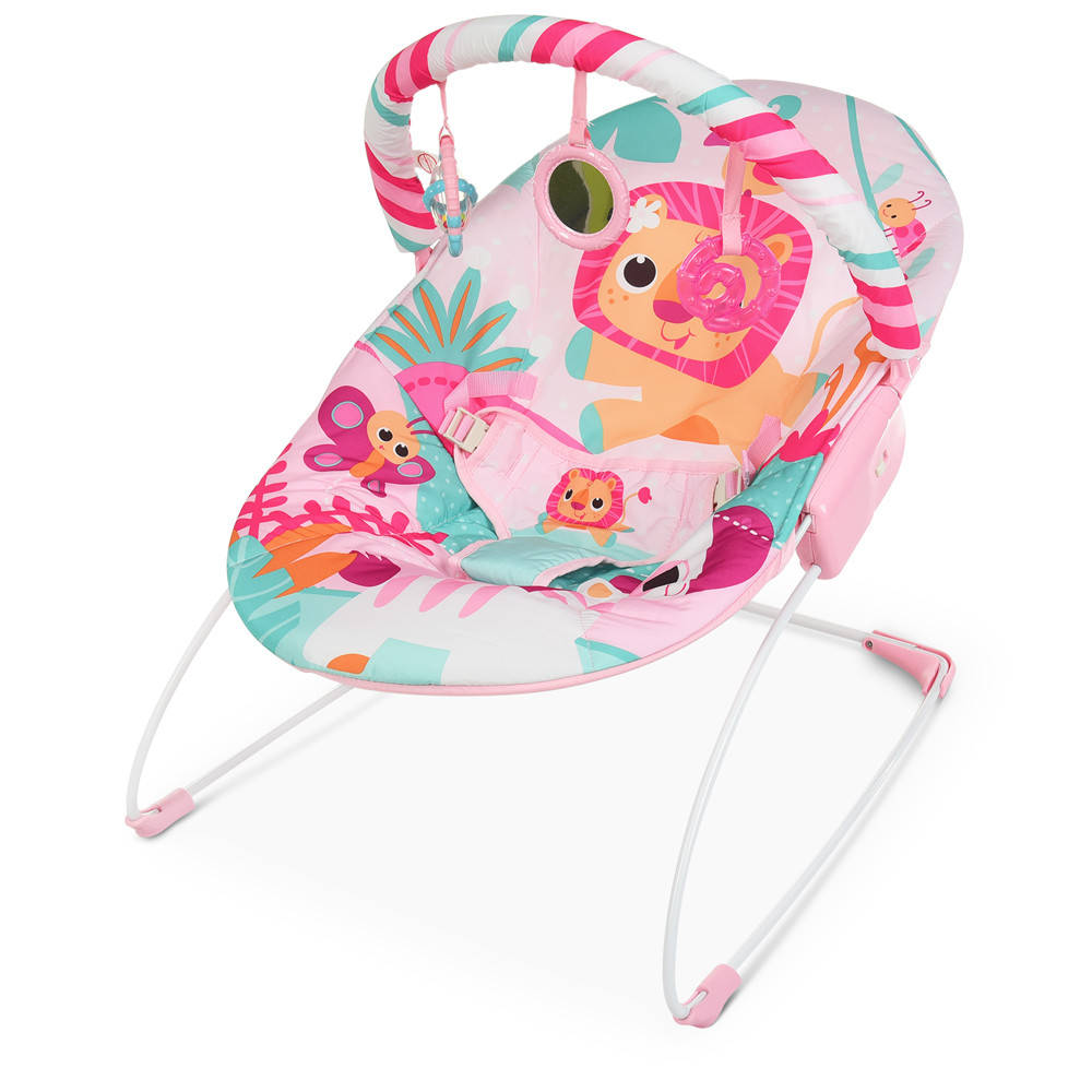 

Шезлонг детский 6936 (3шт) муз, вибро, дуга,подвески, 3-точ.ремень, цв.коробка,лев, розовый