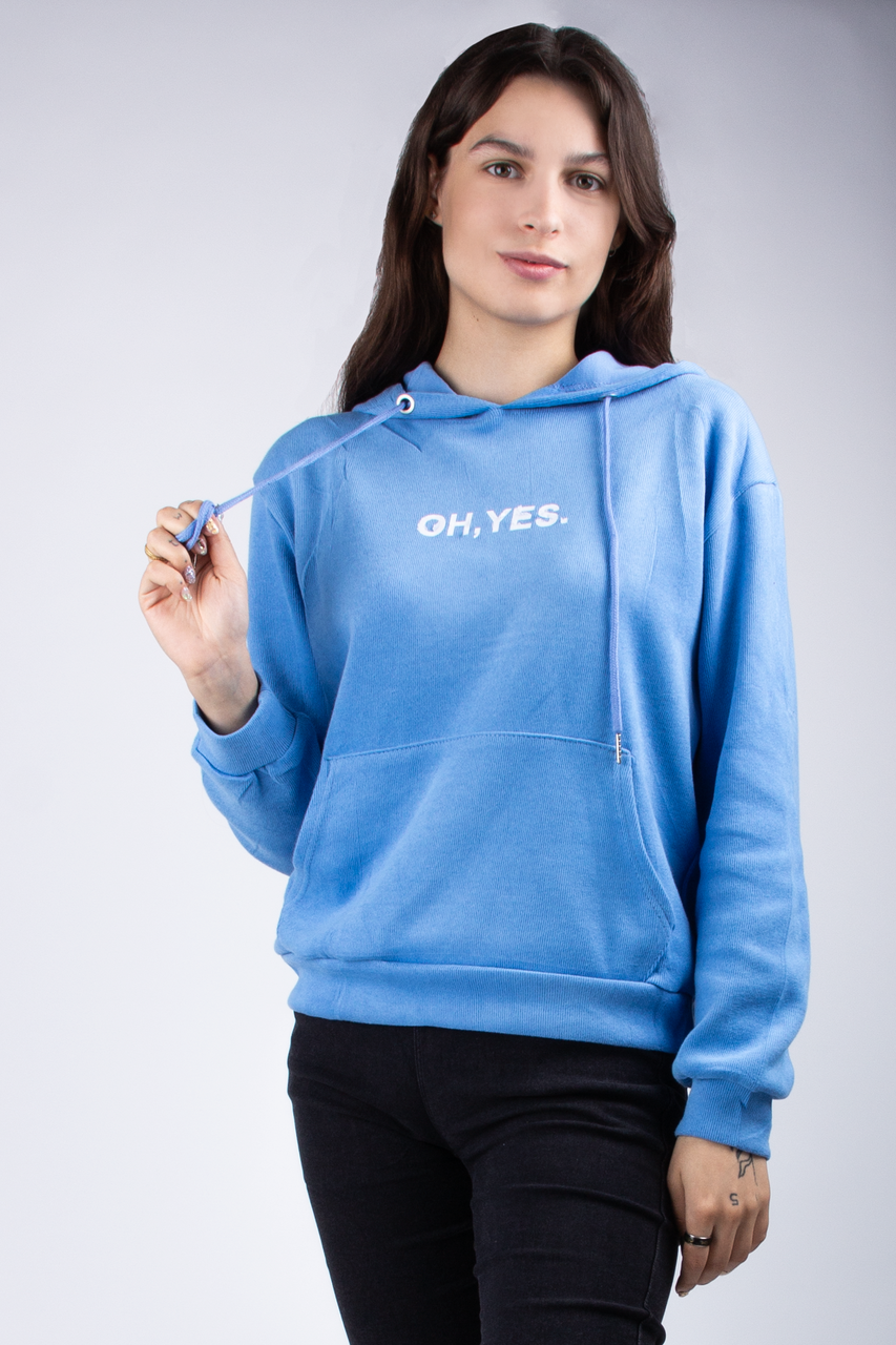 

Худи женское с капюшоном и принтом "OH,YES" голубое M, Голубой