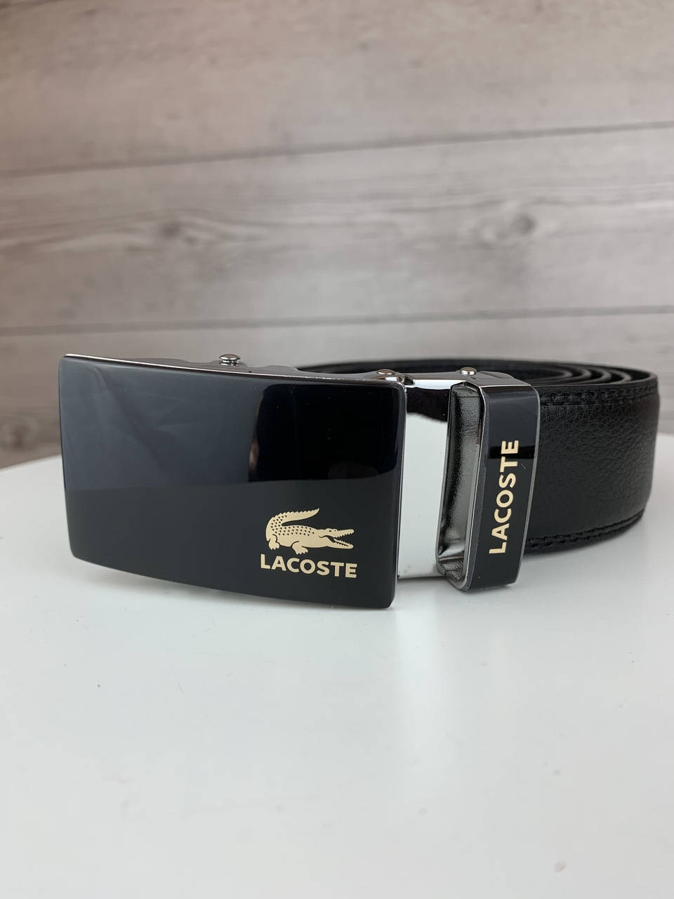 

Мужской кожаный ремень lacoste лакост брендовый пояс пряжка автомат, Черный